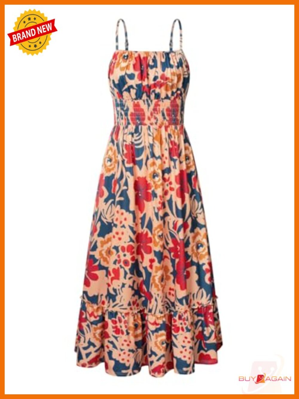 Women's Boho Maxi Dress Smocked Waist Side Pockets Spaghetti Strap Sundress